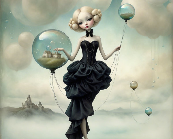 Whimsical Girl in Black Gown with Balloon Landscapes