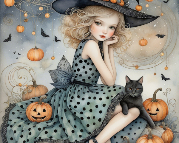 Whimsical Halloween Scene with Girl and Pumpkins