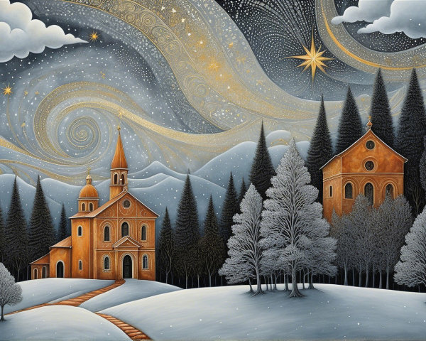 Winter Landscape with Church and Snow-Dusted Hillside