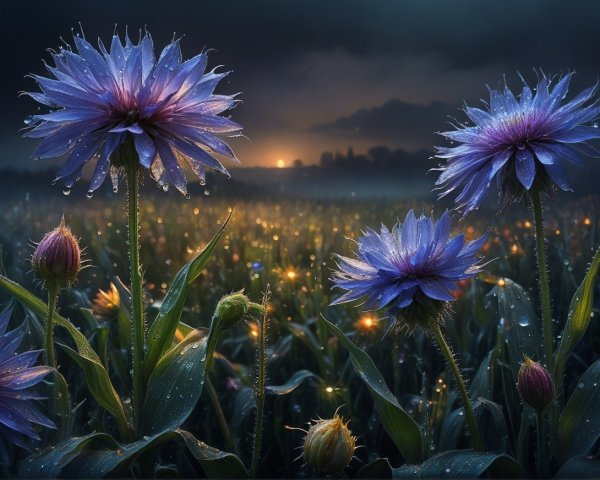 Dawn in a serene field with purple flowers and dew