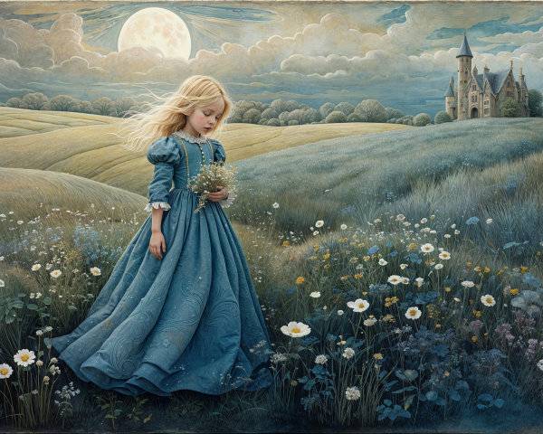 Young girl in blue dress in wildflower field at night