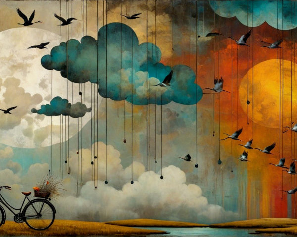 Whimsical Landscape with Bicycle and Soaring Birds