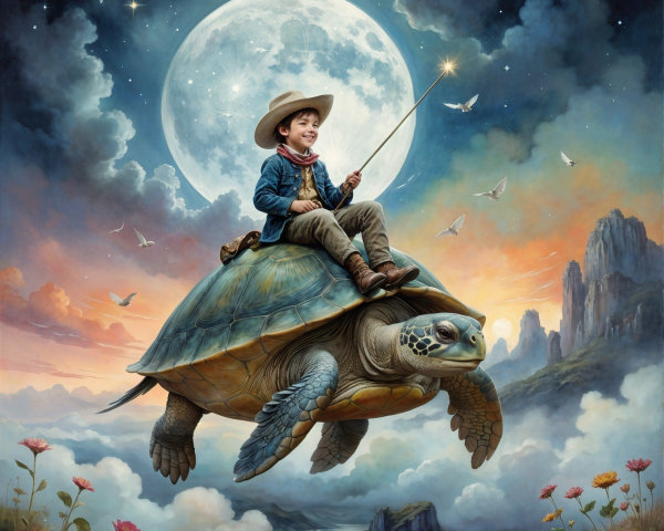 Young Boy Riding Turtle in Whimsical Sky Scene