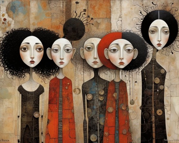 Stylized Figures with Large Heads in Abstract Artwork