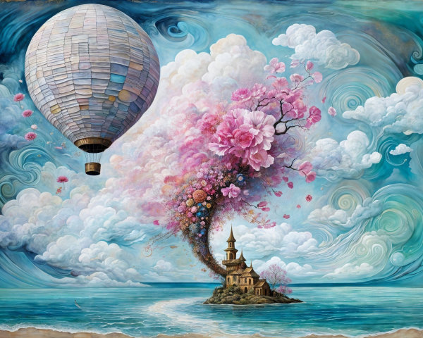 Vibrant Hot Air Balloon Over Serene Island Scene