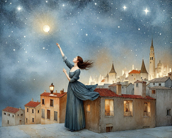 Woman in blue dress on rooftop under glowing moon