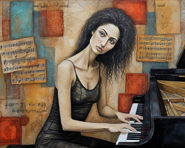 Young Woman Playing Piano with Abstract Background