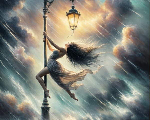 Ethereal figure by lamppost in stormy seascape