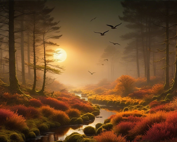 Serene Forest Scene at Dawn with Stream and Foliage
