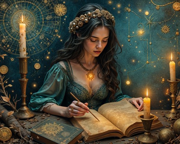 Young woman in vintage outfit at a candlelit table