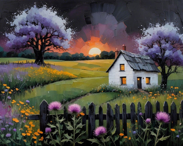 Serene Landscape with Cottage and Vibrant Meadows
