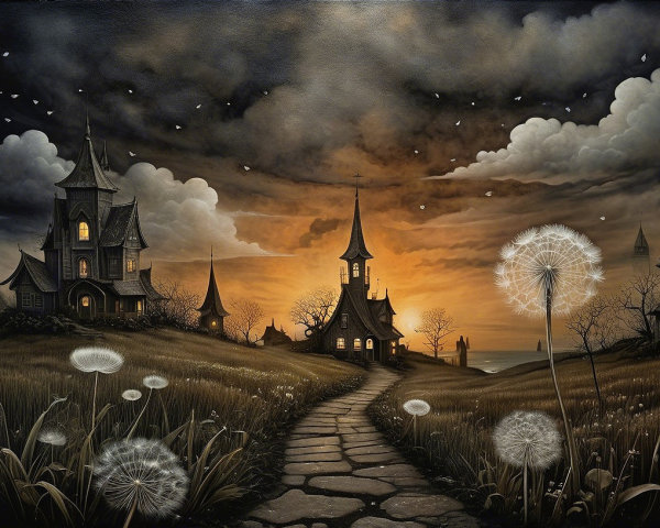 Mysterious Dusk Landscape with Whimsical Buildings