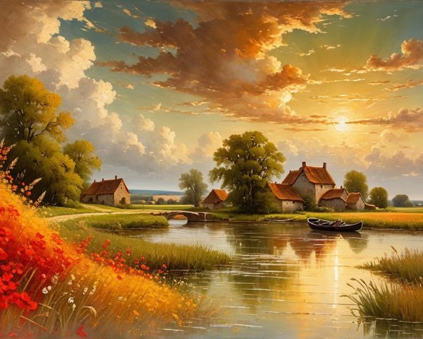 Tranquil River Landscape with Rustic Cottages and Flowers