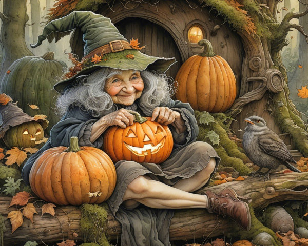 Whimsical Witch Carving a Jack-o'-Lantern in Autumn