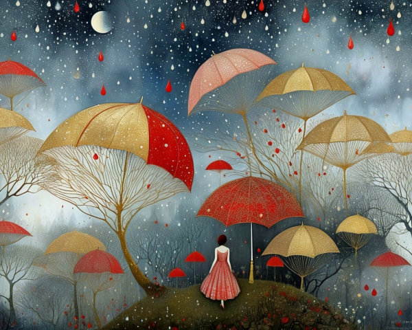 Whimsical Landscape with Umbrellas and Dreamlike Trees