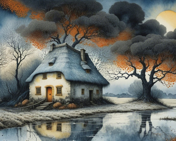 Thatched-Roof Cottage by Tranquil River in Autumn