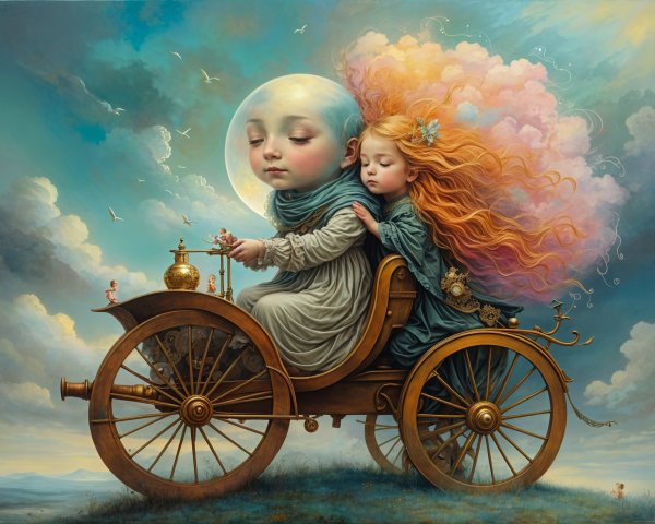 Whimsical Landscape with Vintage Cart and Moonlight