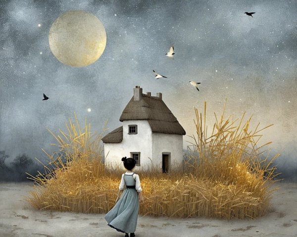 Solitary Figure by Thatched Cottage Under Moonlit Sky