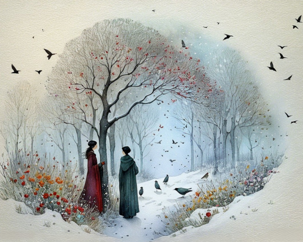Winter Landscape with Figures and Blossoming Trees
