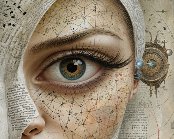 Human Eye Surrounded by Geometric Patterns and Symbols