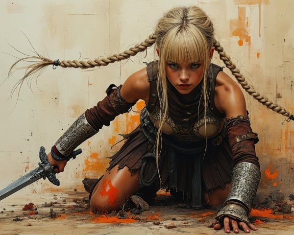 Fierce Female Warrior in Armor with Sword and Gaze