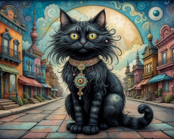 Regal Black Cat in a Colorful Street Scene