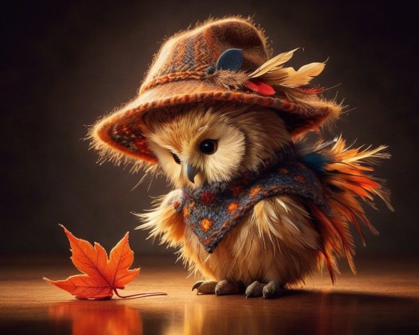 Small Owl in Handmade Hat with Autumn Leaf Nearby