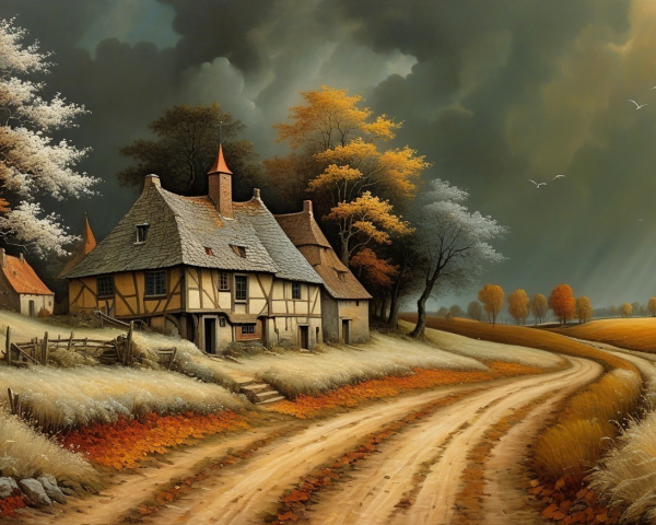 Charming Autumn Countryside with Rustic Houses
