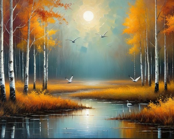 Autumn Landscape with Birch Trees and Calm River