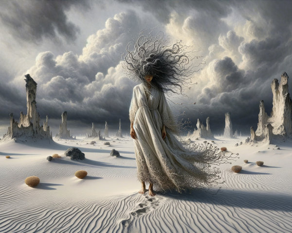 Lone Figure in Otherworldly Landscape with Dark Sky