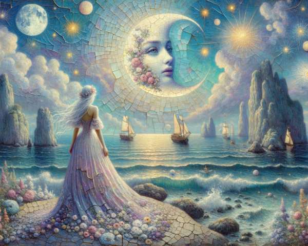 Serene landscape with woman, moon, and tranquil sea