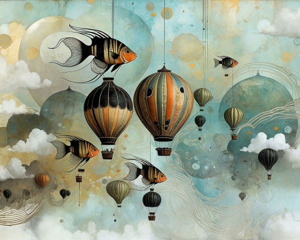 Colorful Hot Air Balloons and Fish in Dreamlike Sky