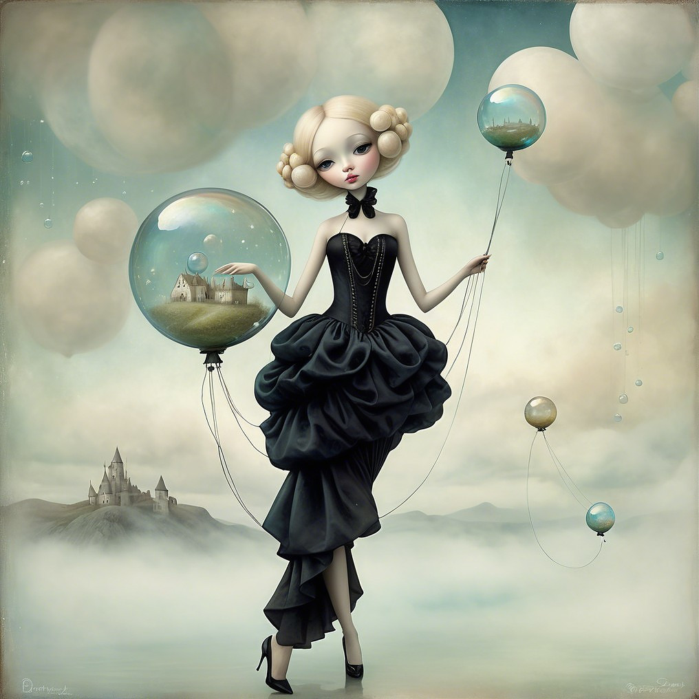 Whimsical Girl in Black Gown with Balloon Landscapes