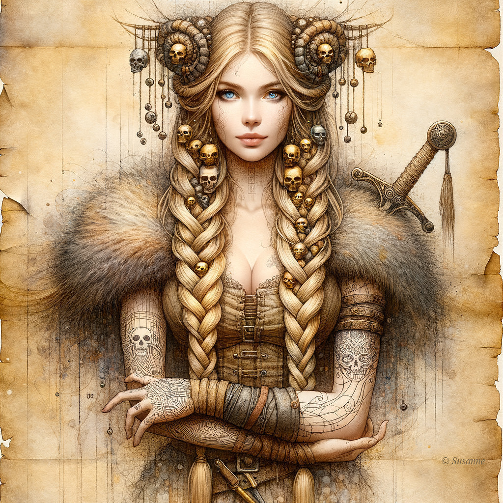 Striking Woman with Braids and Skull Adornments