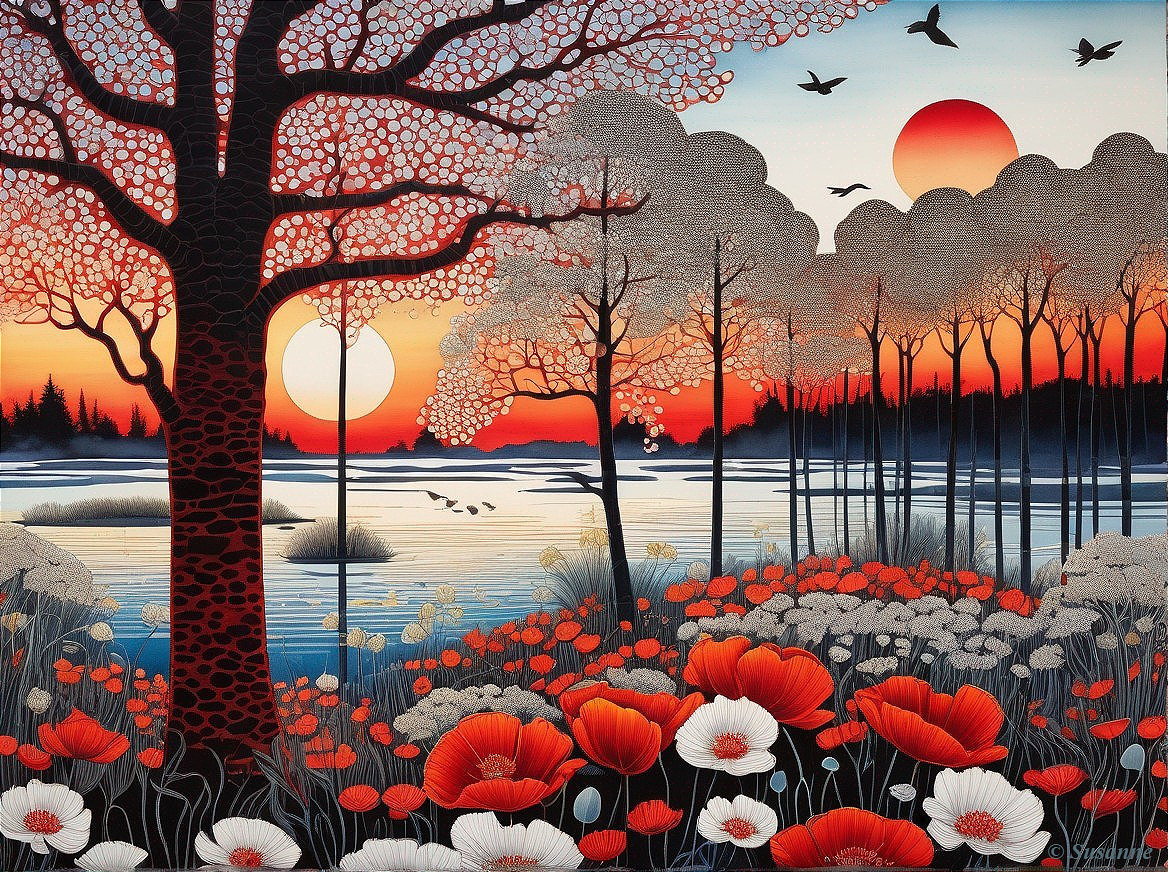 Vibrant Sunset Landscape with Lake and Silhouetted Trees