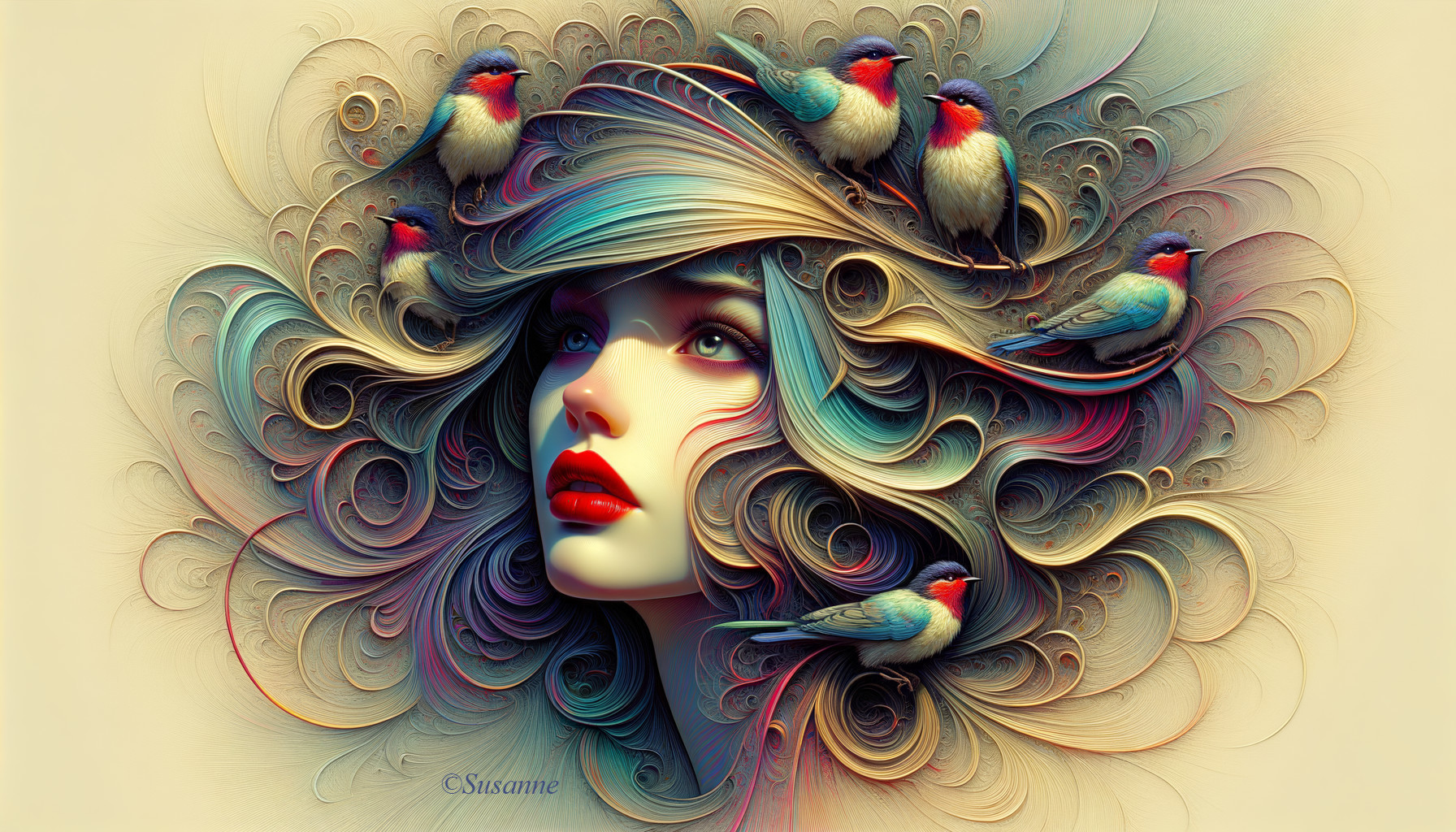 Vibrant Digital Artwork of Woman with Feathers and Birds