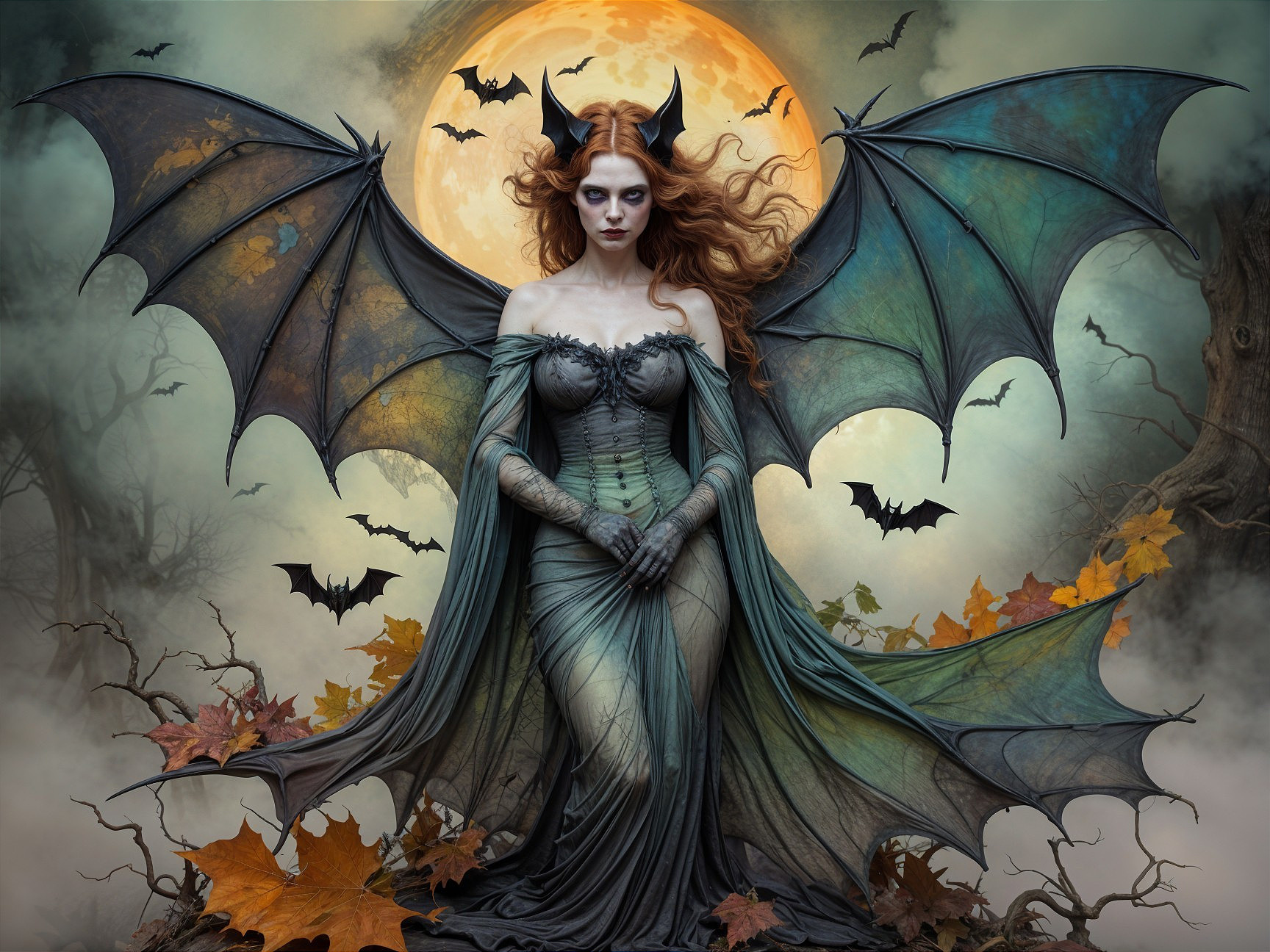Haunting Figure with Red Hair and Bat Wings in Fog