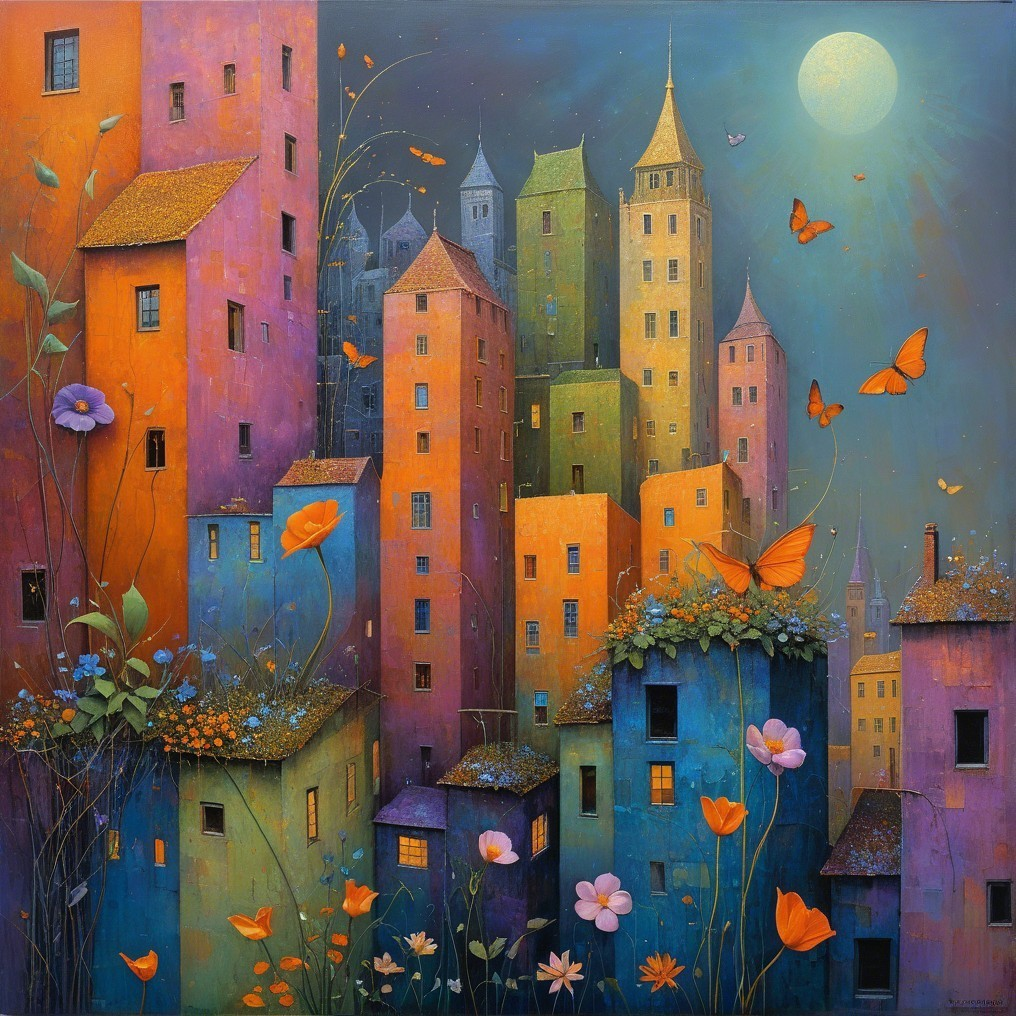 Colorful Cityscape with Twilight Sky and Butterflies