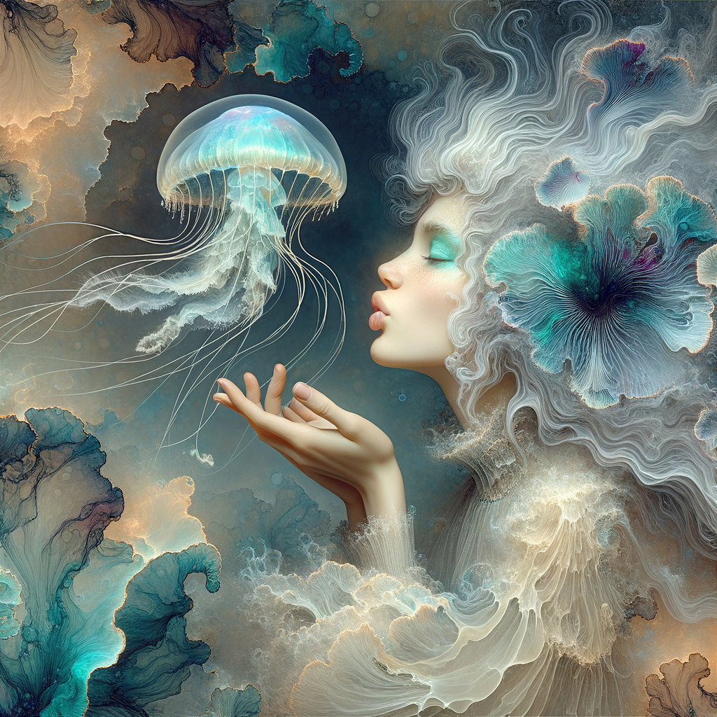 Surreal Art of Woman's Face and Luminous Jellyfish