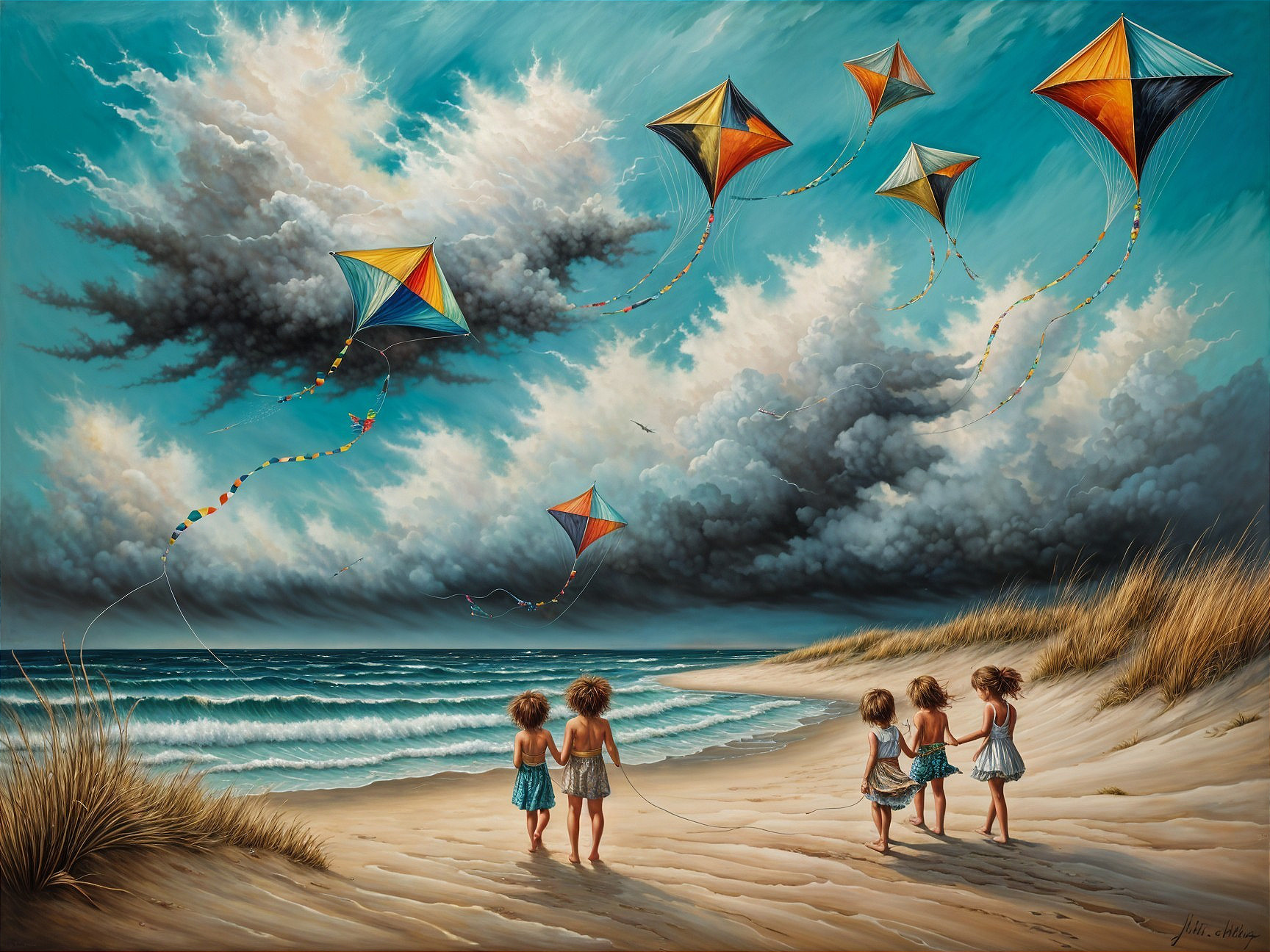 Children on Beach Watching Colorful Kites in Sky