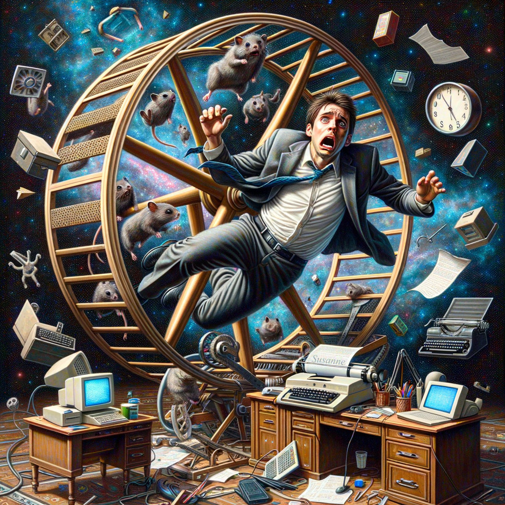 Panicked man in suit in surreal cosmic hamster wheel