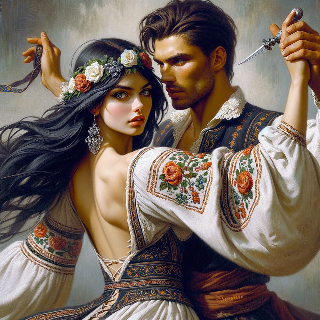 Man in embroidered clothing with dagger behind woman in floral crown: Intense expressions