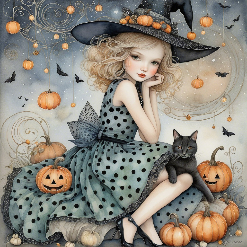 Whimsical Halloween Scene with Girl and Pumpkins