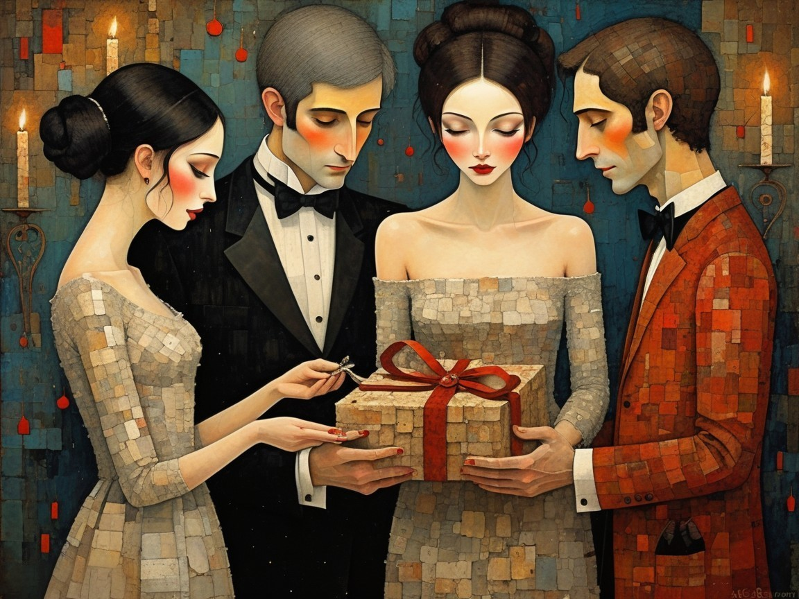 Formal Attire in Mosaic Patterns in Subtle Interior