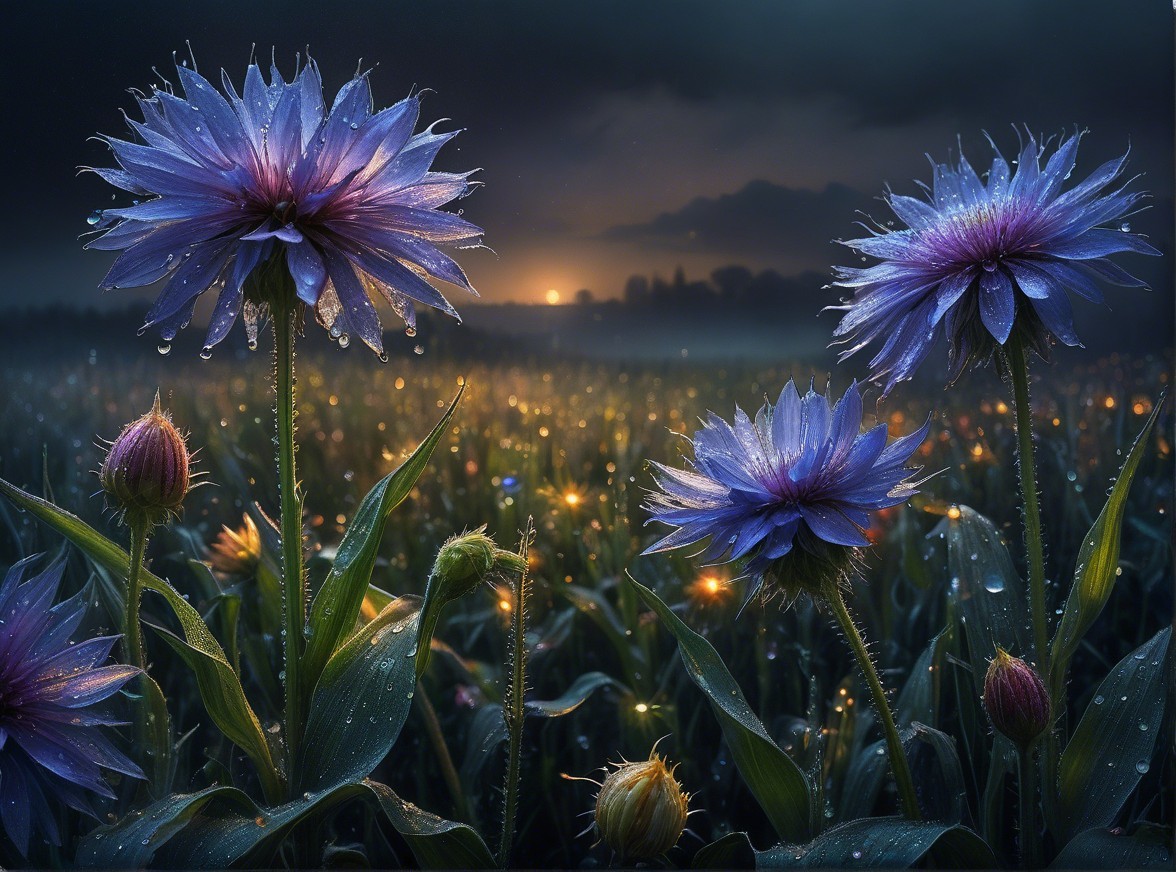 Dawn in a serene field with purple flowers and dew