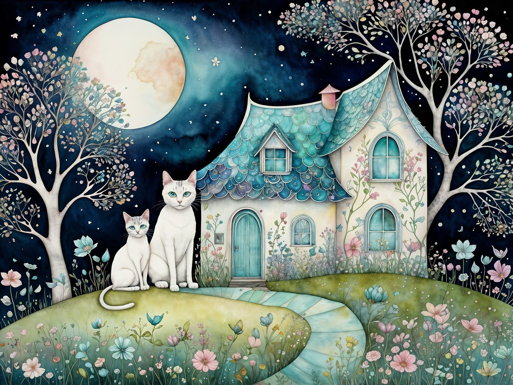 Charming Cottage with Cats Under a Luminous Moon