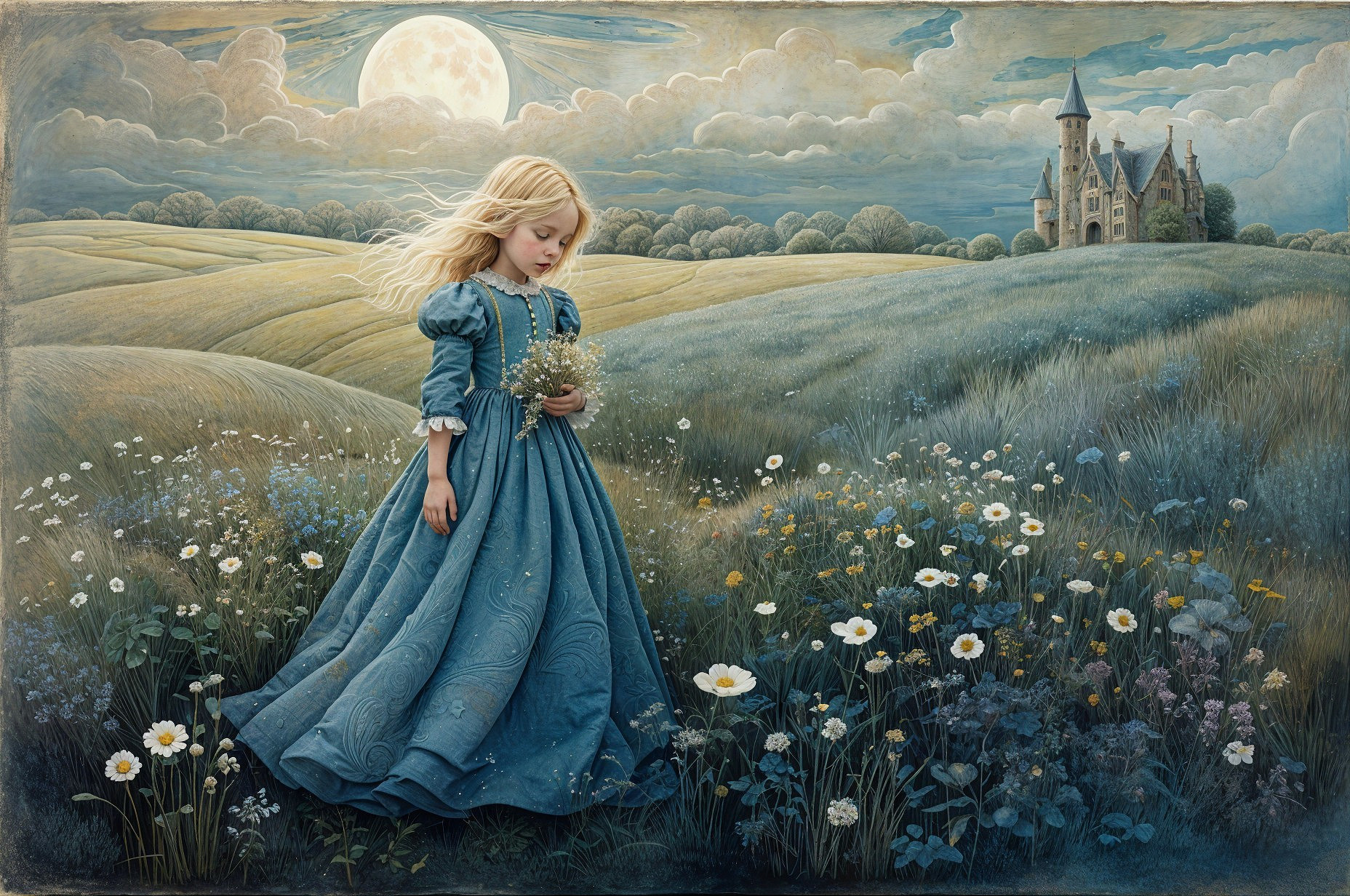 Young girl in blue dress in wildflower field at night