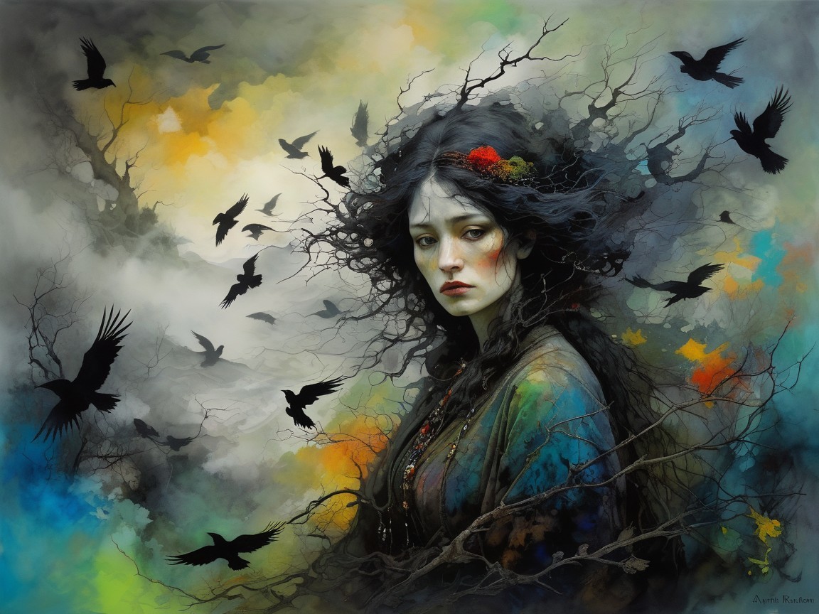 Mysterious Woman in Surreal Colorful Landscape