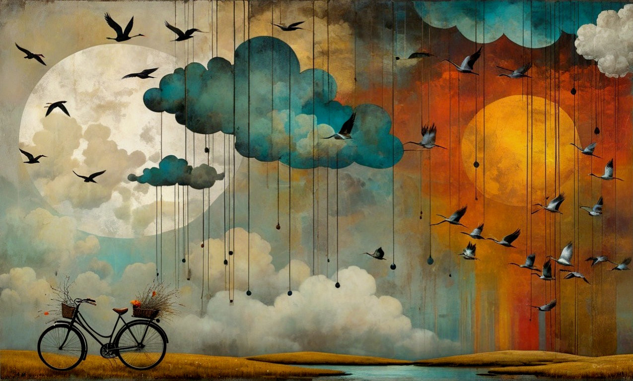 Whimsical Landscape with Bicycle and Soaring Birds