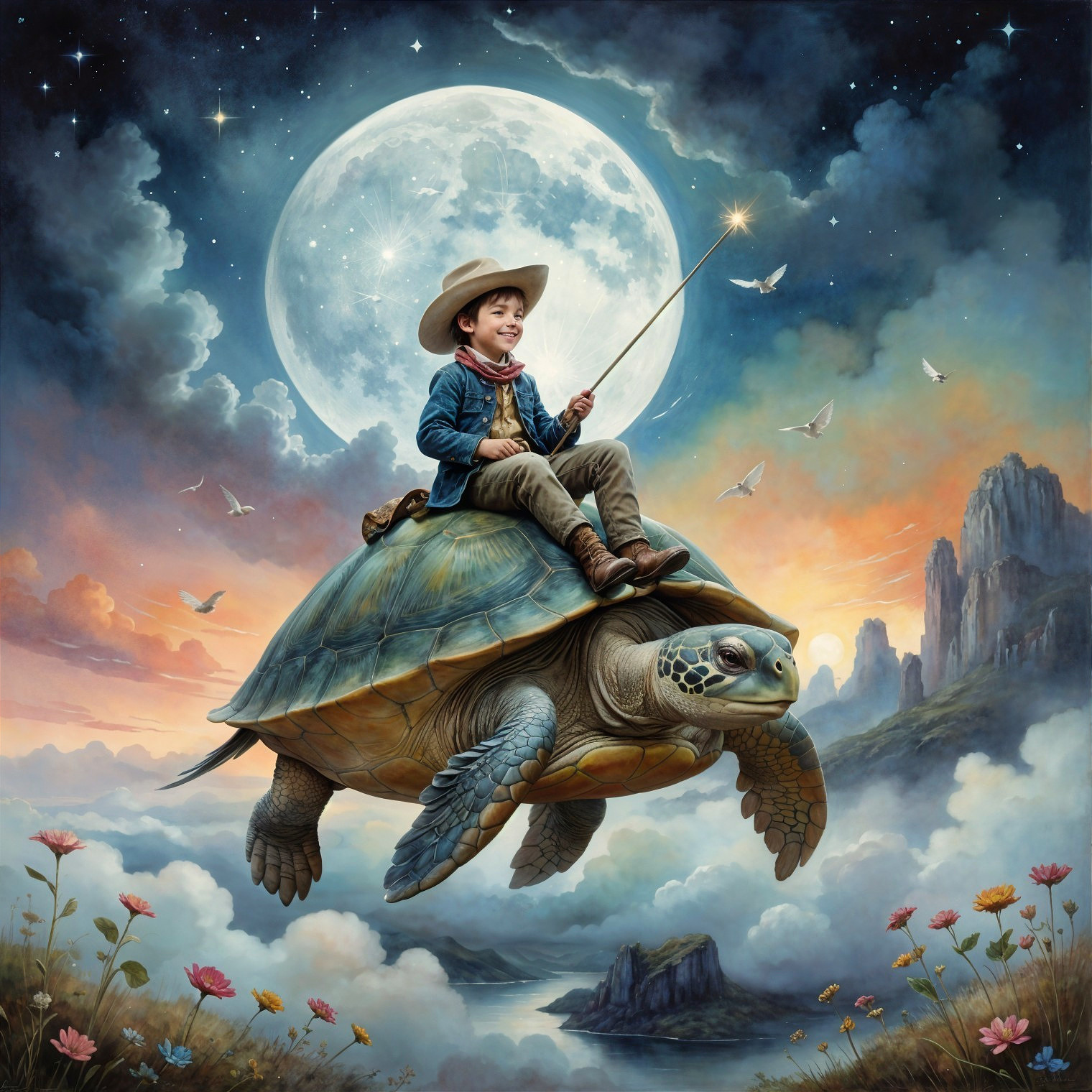 Young Boy Riding Turtle in Whimsical Sky Scene
